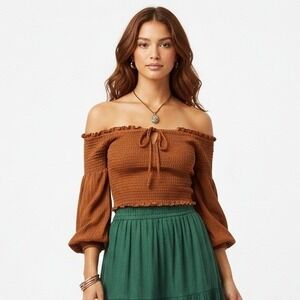 Womens Cottagecore Off Shoulder Crop Top Burnt Orange Peasant Earthy Boho Size S